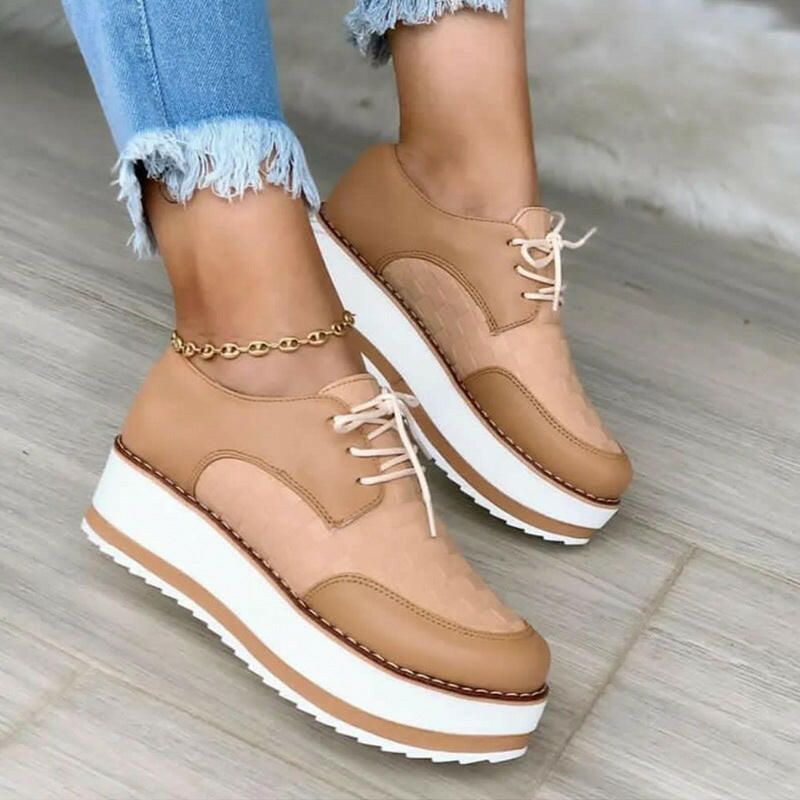 Lace-up Shoes Thick Bottom Checkerboard Design Flats Shoes Women.