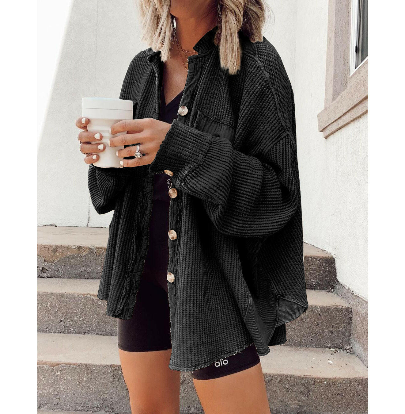 Button Shirt Jacket Women Lapel Long Sleeve Blouse Fashion Jacket Tops.
