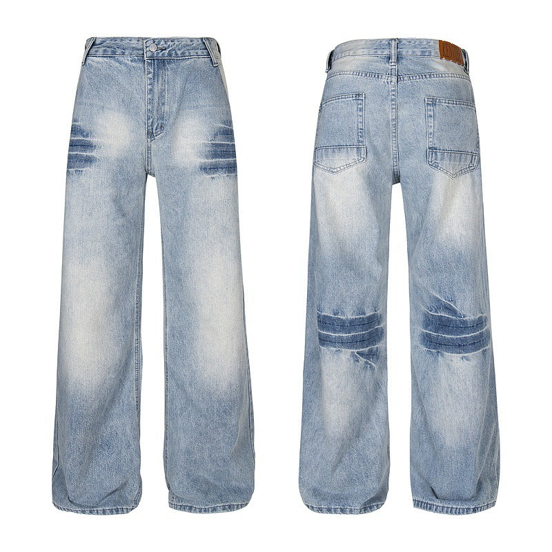 Washed Light Color Faded Lightning Pattern Denim Trousers Straight Leg Floor-Length Couples
