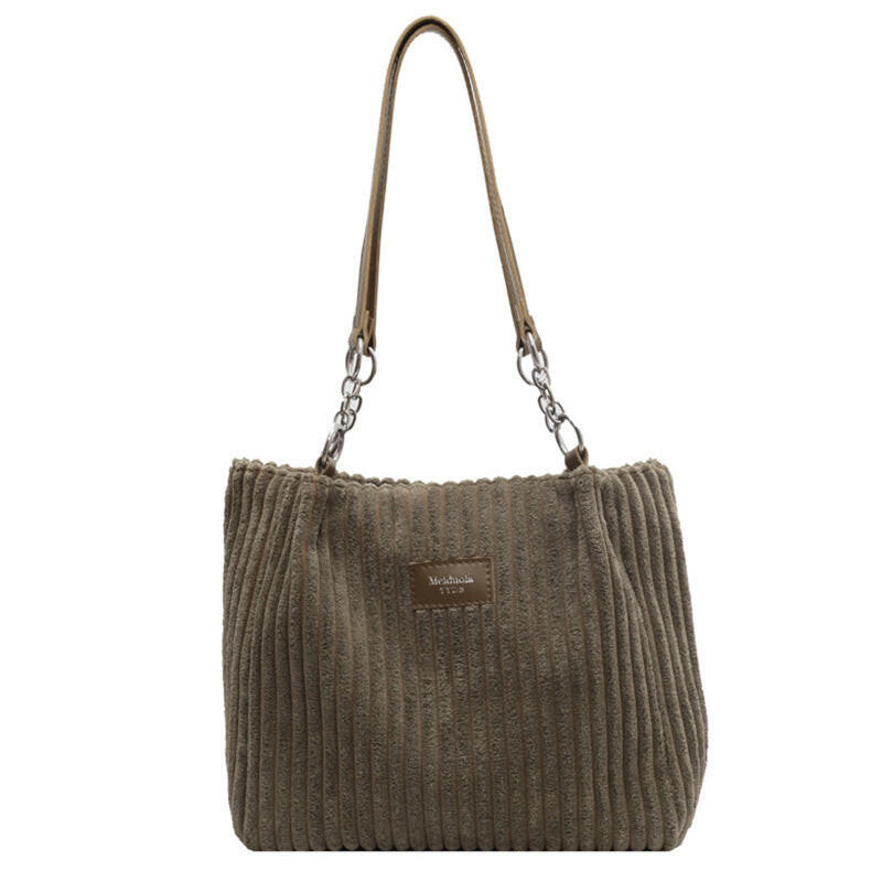 Retro Large Capacity Shoulder Bag Casual Simple Portable Shopper Tote Bag Corduroy Solid Commuter Zipper Women's Handbag Kashur Mart .