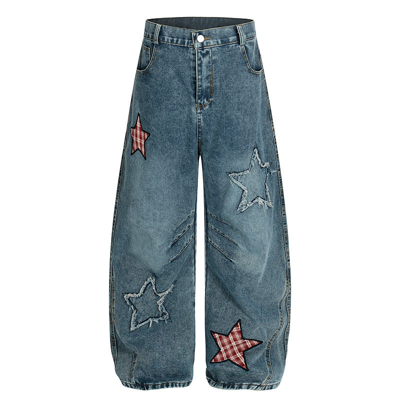 Star sticker washed cat whisker curved knife jeans