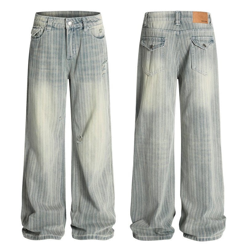 Streetwear Vintage Vertical Striped Distressed Denim Pants Unisex Loose Cleanfit High Street Trousers