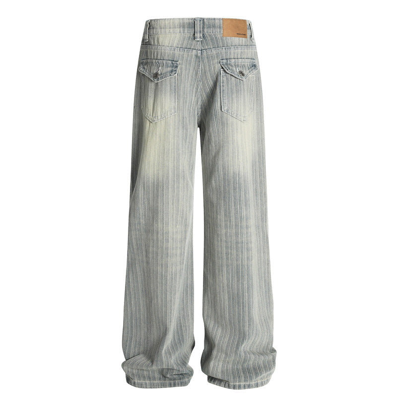 Streetwear Vintage Vertical Striped Distressed Denim Pants Unisex Loose Cleanfit High Street Trousers