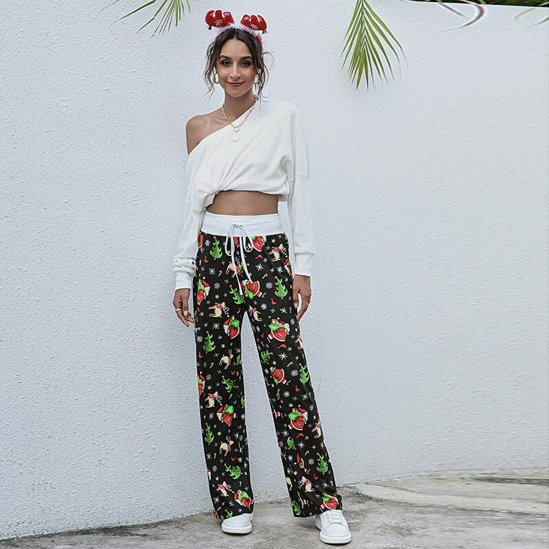 Christmas Print Pants Women Fashion Casual Drawstring Trousers With Christmas Snowflake Tree Elk Print.