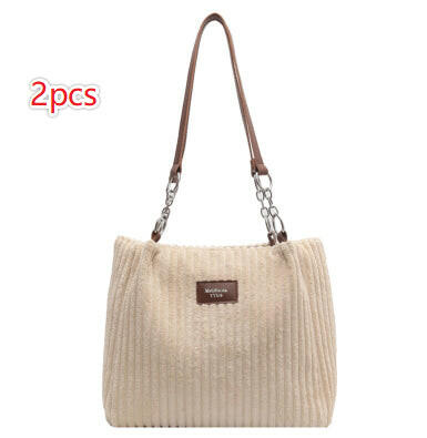 Retro Large Capacity Shoulder Bag Casual Simple Portable Shopper Tote Bag Corduroy Solid Commuter Zipper Women's Handbag Kashur Mart .