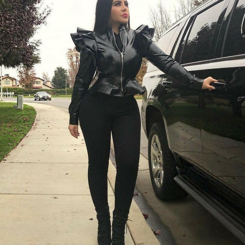 Leather Casual Women's Ruffled Leather Jacket.