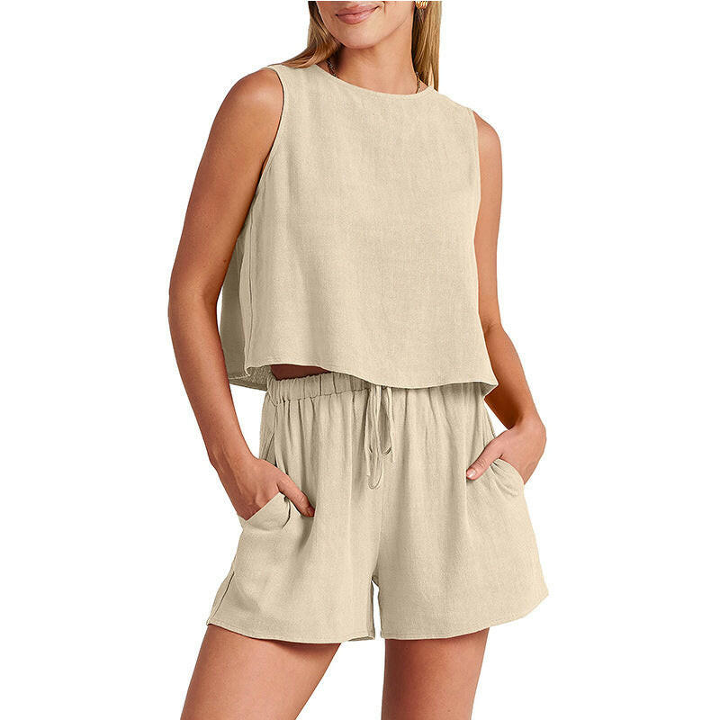 Women's Set Summer Sleeveless Tops And Drawstring Shorts Fashion Suit 2pcs.