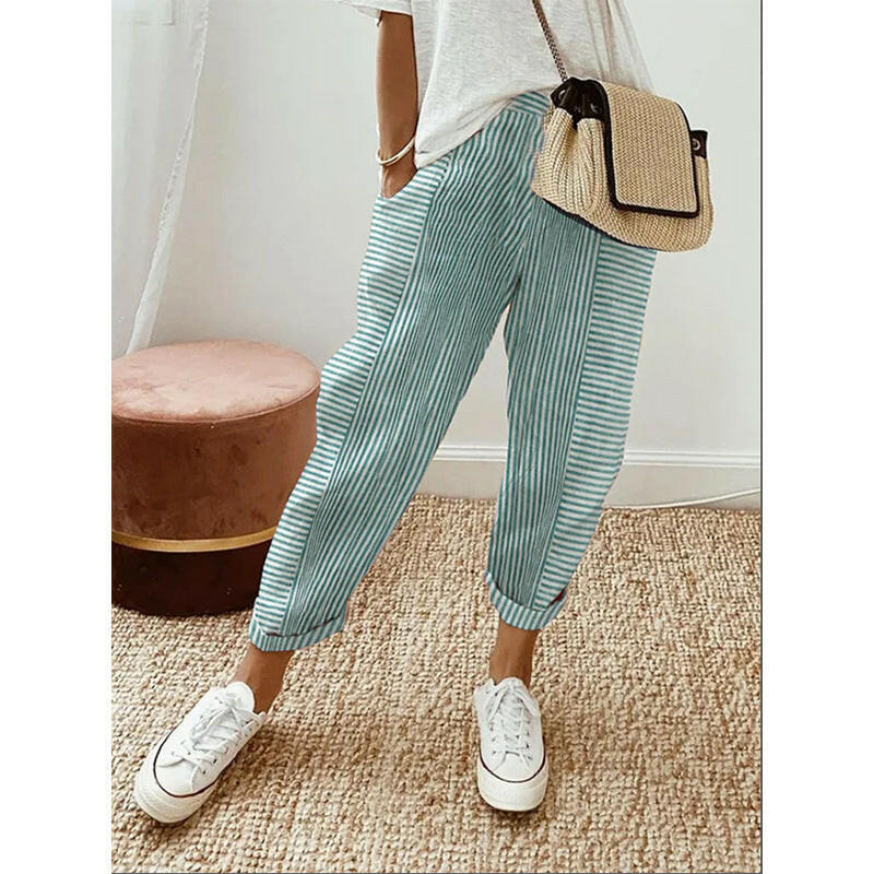 Women's Striped Print Trousers Summer Fashion Casual Loose Pants.