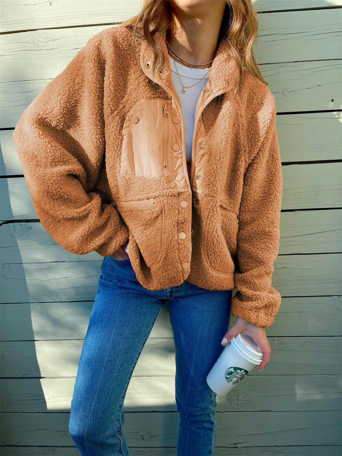 Short Cardigan Plush Jacket Lamb Wool Coat.
