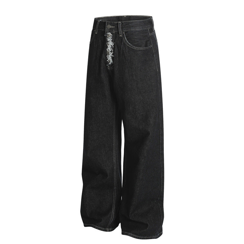 Street Style Original Denim Color Distressed Snap Button Design Clean Fit Loose Straight Leg Long Pants
