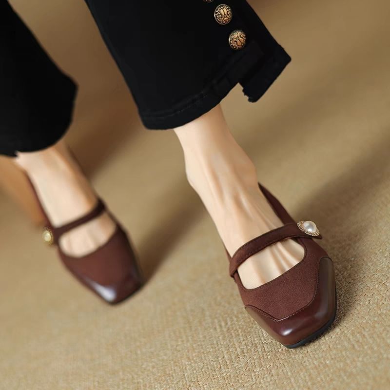 Women's Chunky Heel Suede Flat Low-cut Shoes.