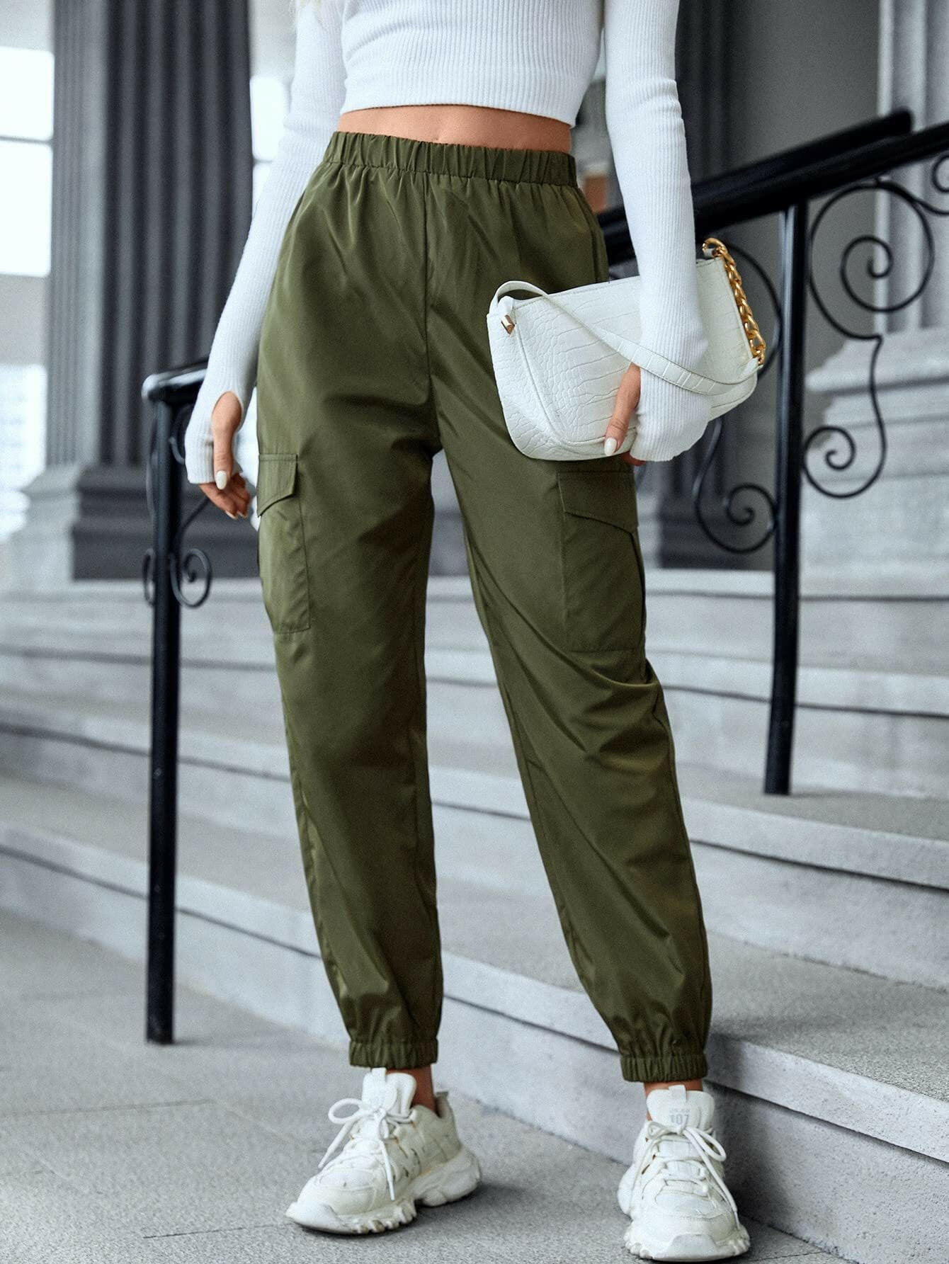 New Cargo Pants Fashion Casual Multi-pocket Elastic Waist Pencil Pants For Women.