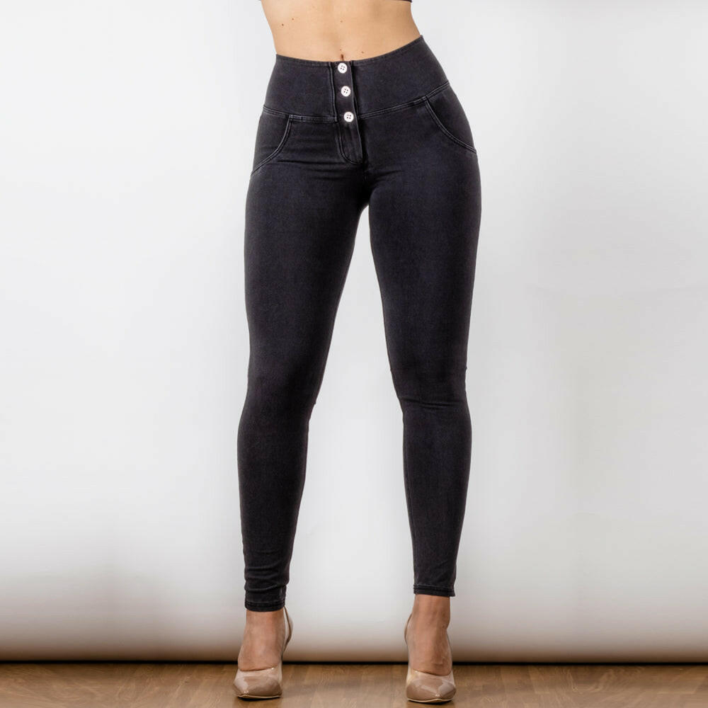 Black Women Button Up Hip Raise High Waist Jeans.