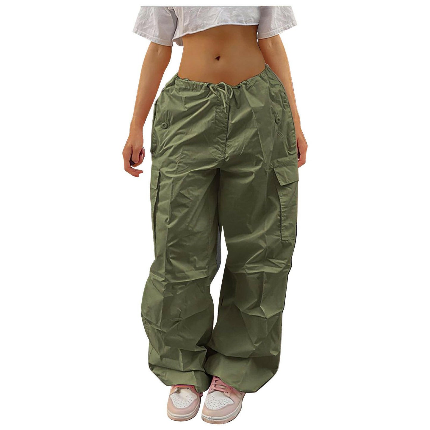 Casual Cargo Pants For Women Solid Color Drawstring Pocket Design Fashion Street Trousers Girls.