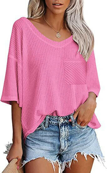 V-neck Shirts Women Summer Short Sleeve Green Tops With Patched Pocket.