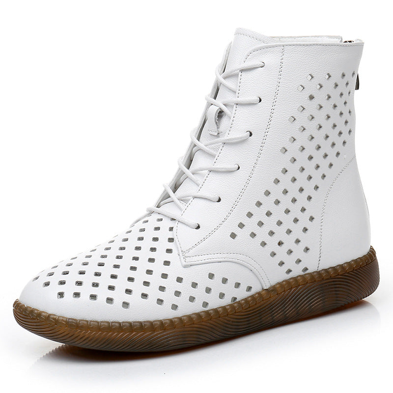 Flat bottomed soft leather perforated boots versatile oversized retro hollowed out Martin boots for women