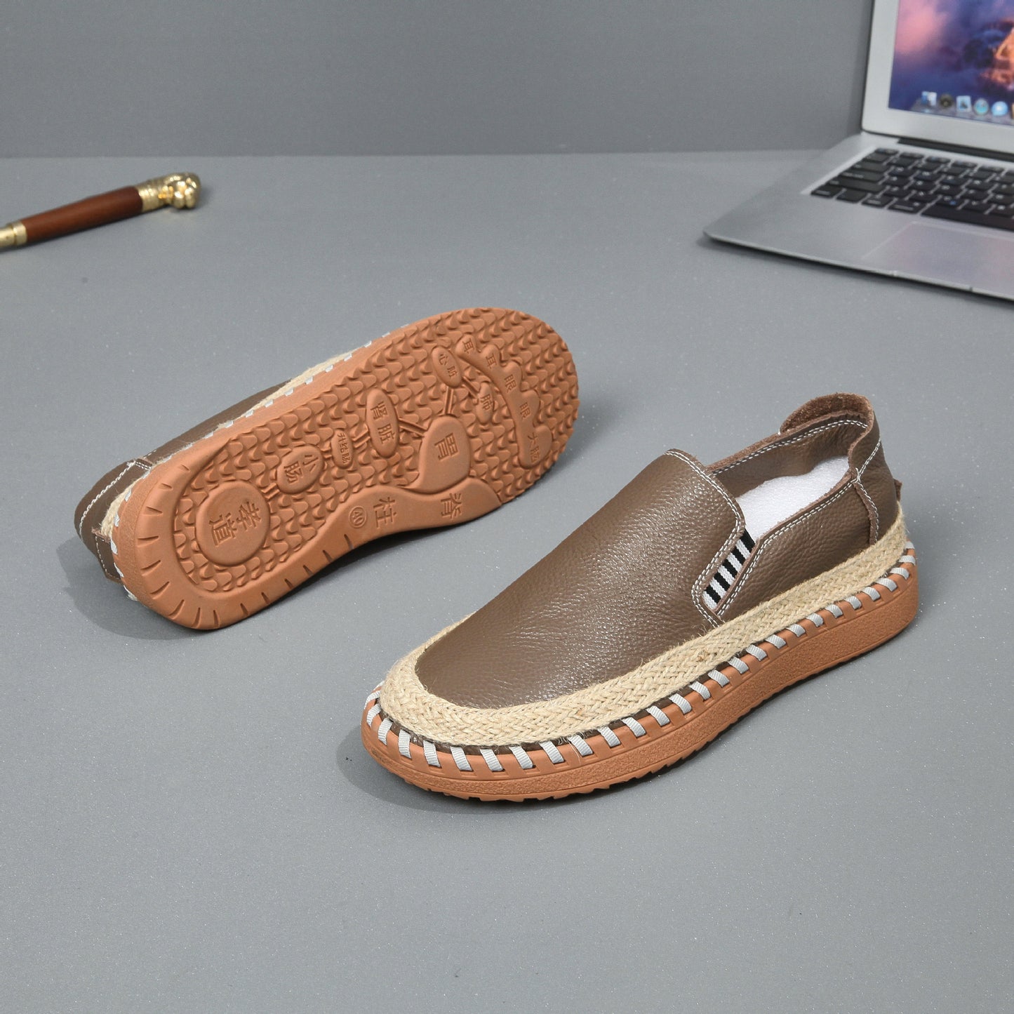 Handmade leather sewn massage shoe toe layer cowhide casual fisherman one foot men's shoes