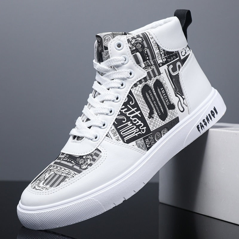 Autumn New Trendy Men's Shoes Personalized Graffiti High Top Men's Shoes Casual Four Seasons Student Sports Board Shoes Men's Tr
