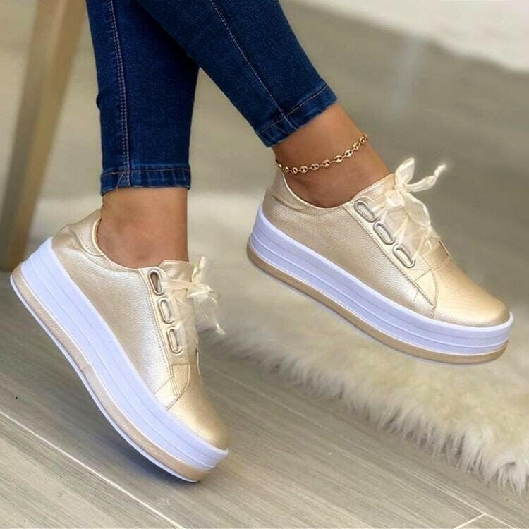 Fashion Flats Sneakers Women Ribbon Lace-up Platform Shoes.