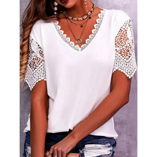 Lace Tops Women Summer Loose V Neck Short Sleeve Casual Shirts.