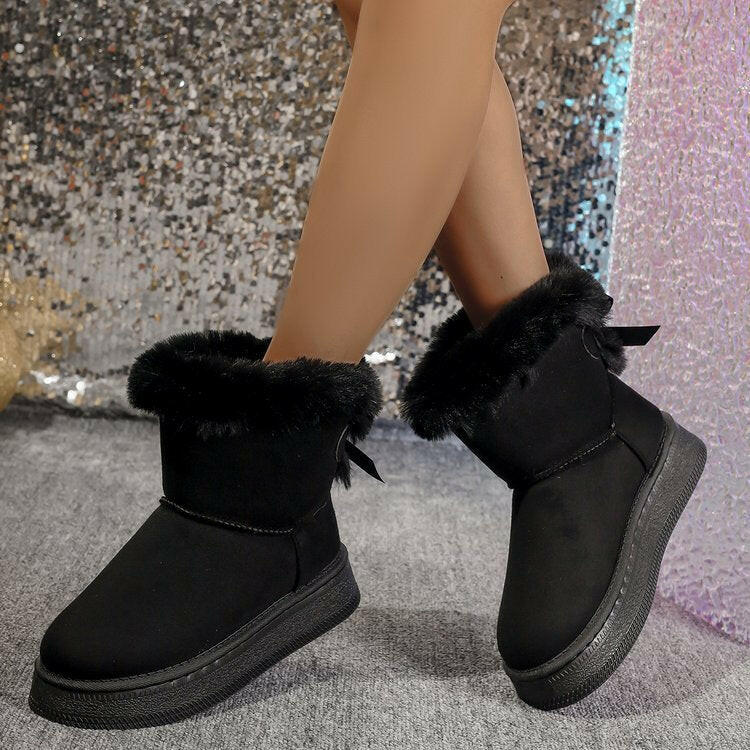 Winter Snow Boots With Bowknot Fashion Round Toe Flat Thickened Suede Cotton Shoes For Women Casual Warm Plush Short Boot Kashur Mart .