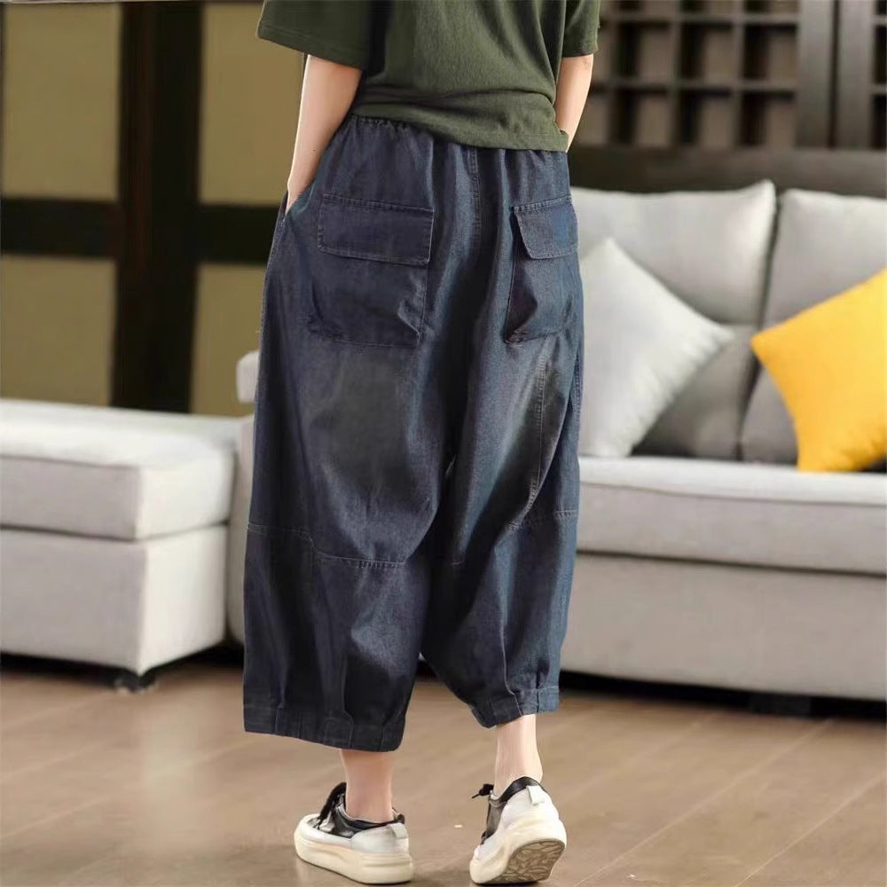 Retro Cotton Denim Pants Women's Belted Elastic Waist Dad Pants Loose and Slimming Nine-Point Pants Summer