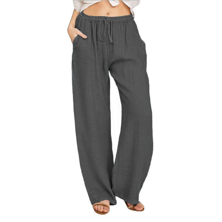 Soft Casual Drawstring Tie Trousers Summer Elastic Waist Loose Jogger Pants With Pockets.
