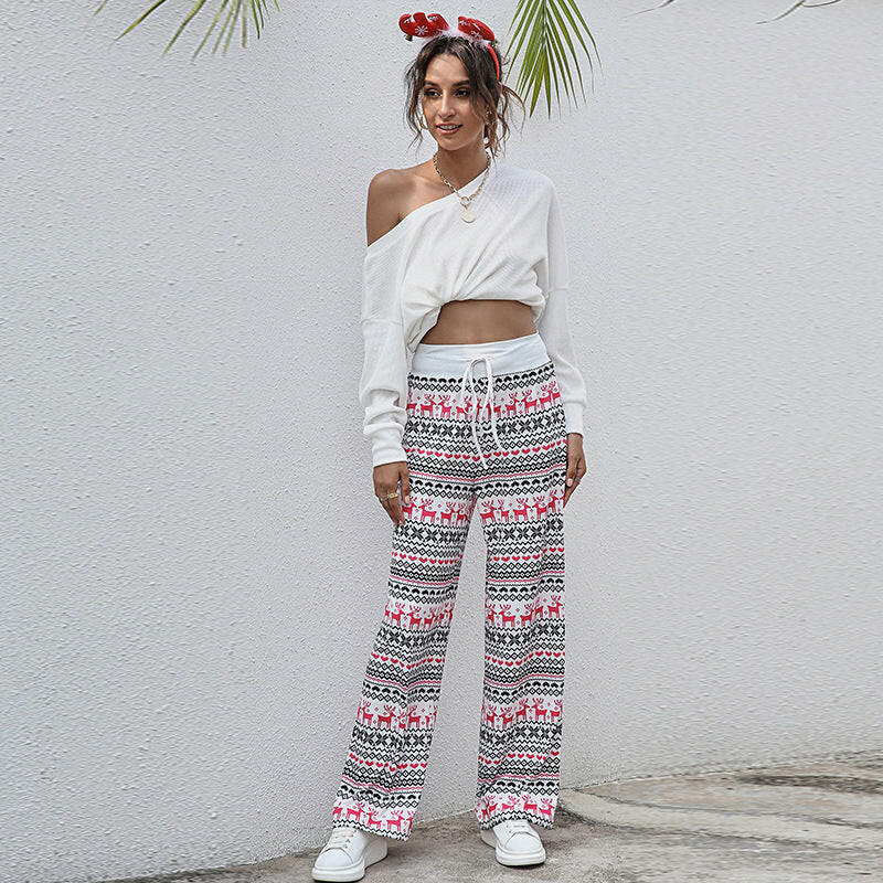 Christmas Print Pants Women Fashion Casual Drawstring Trousers With Christmas Snowflake Tree Elk Print.