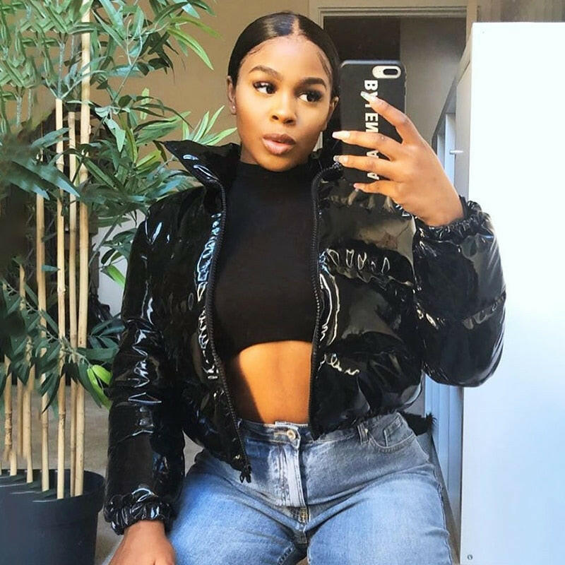 Sisterlinda Faux PU Leather Y2K Bubble Puffer Winter Warm Jacket Women Coats Long Sleeve Outerwear Zipper Casual Slim Parkas Kashur Mart .