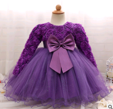 Long-sleeved girls dress rose children's wedding dress skirt.