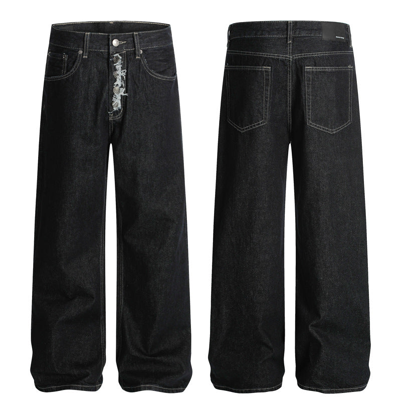 Street Style Original Denim Color Distressed Snap Button Design Clean Fit Loose Straight Leg Long Pants