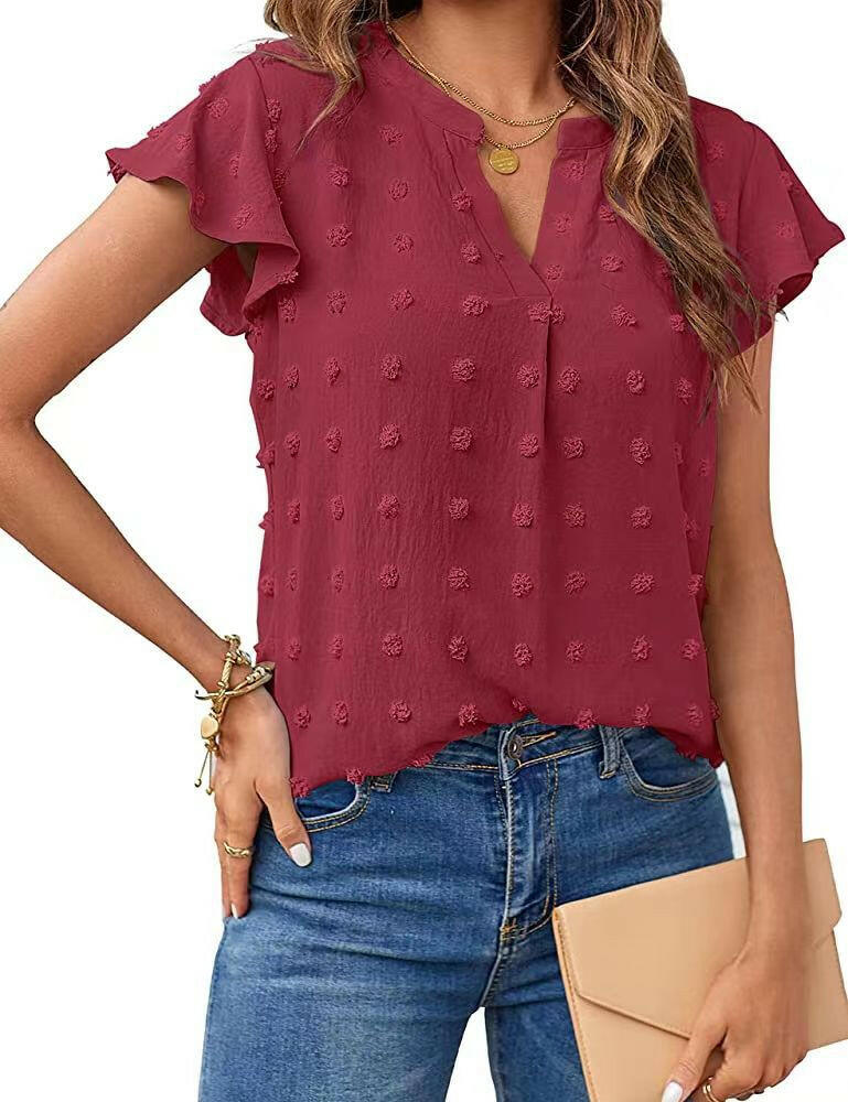 Women Summer V Neck Ruffle Short Sleeve Blouse Dot Flowy Shirt Top.