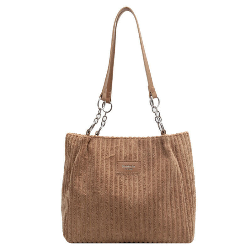 Retro Large Capacity Shoulder Bag Casual Simple Portable Shopper Tote Bag Corduroy Solid Commuter Zipper Women's Handbag Kashur Mart .