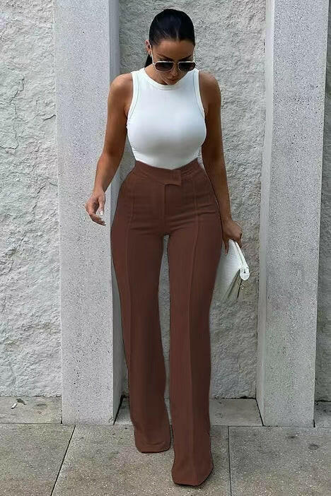 Slim Straight-leg Pants With Buckle Fashion Solid Color Trousers For Womens Clothing.
