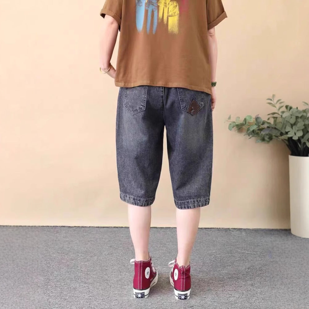 Vintage Ethnic Style Small Embroidered Denim Versatile Women's Loose Plus Size Heart Embroidered Capri Pants Thin