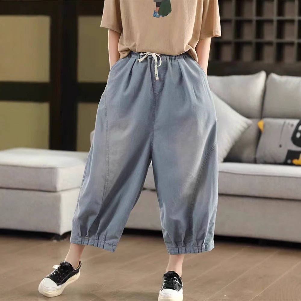 Retro Cotton Denim Pants Women's Belted Elastic Waist Dad Pants Loose and Slimming Nine-Point Pants Summer