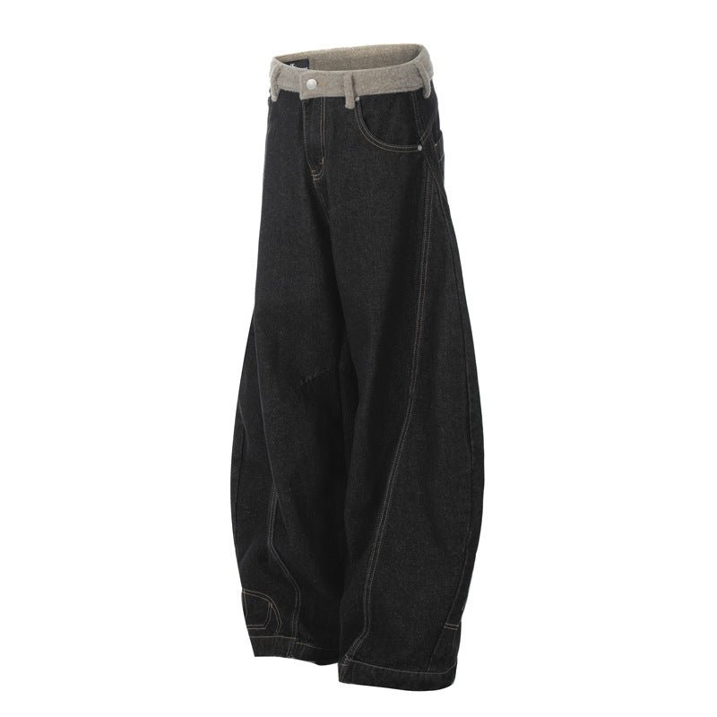 Street Style Reversible Design Men's Jeans Water Washed Vintage Waist Spliced Fleece Straight Leg Wide Leg Tapered