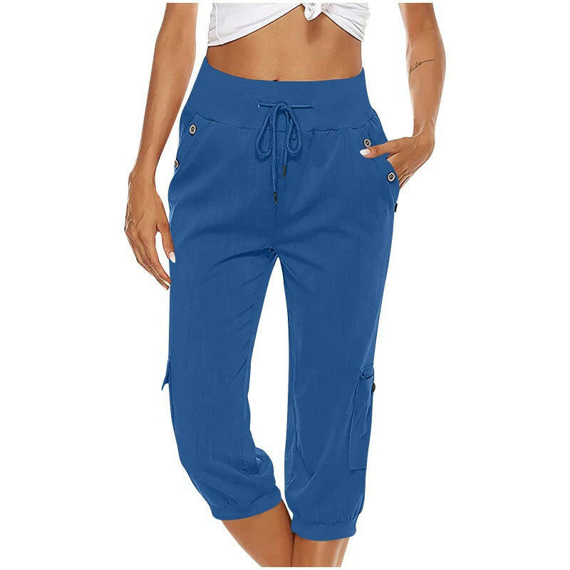 Women's Cropped Pants Cotton Linen Cargo Pocket Casual Pants.