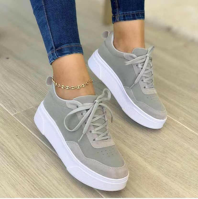 Lace-up Shoes Women Flats Thick Bottom Fashion Mesh Sneakers.