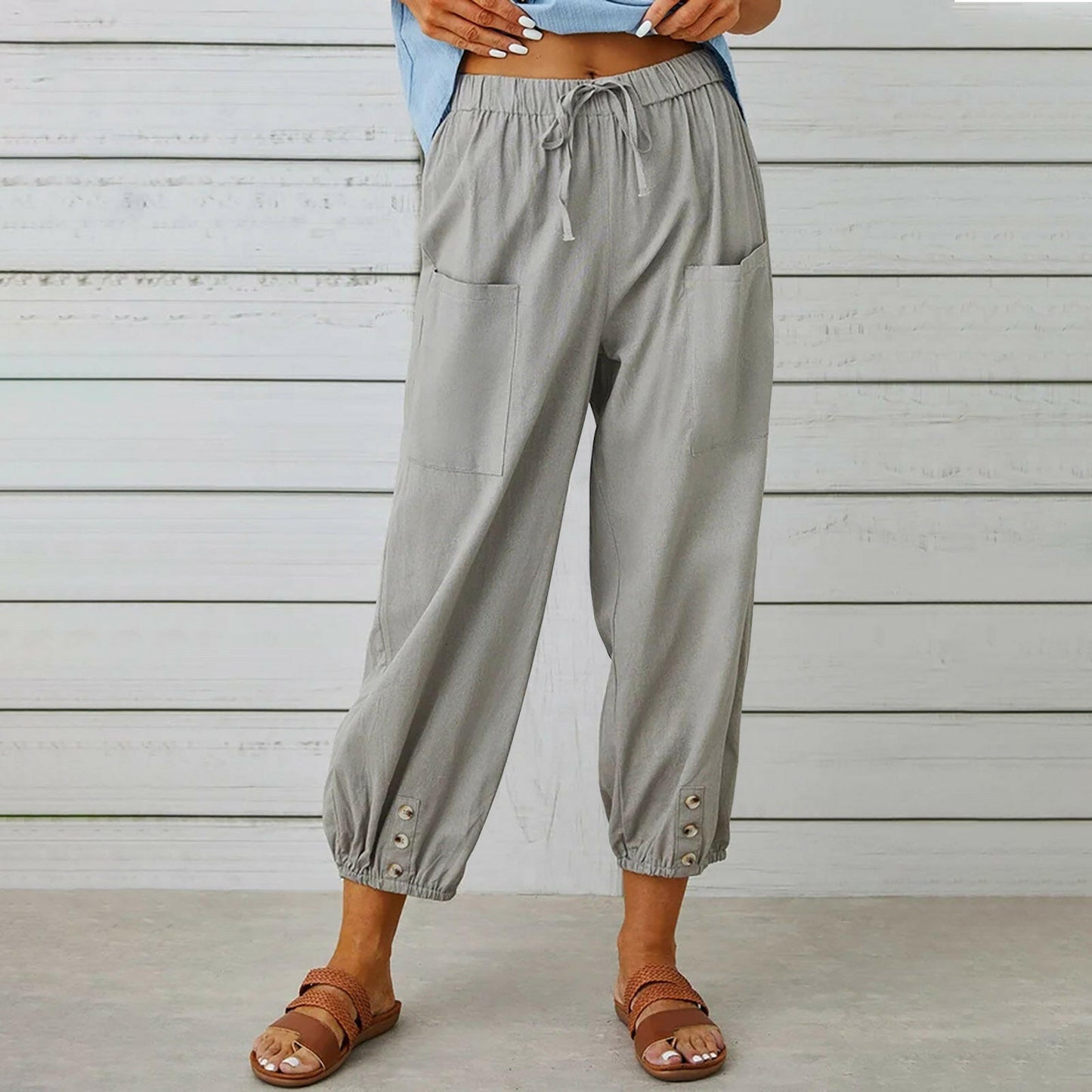 Women Drawstring Tie Pants Spring Summer Cotton And Linen Trousers With Pockets Button.