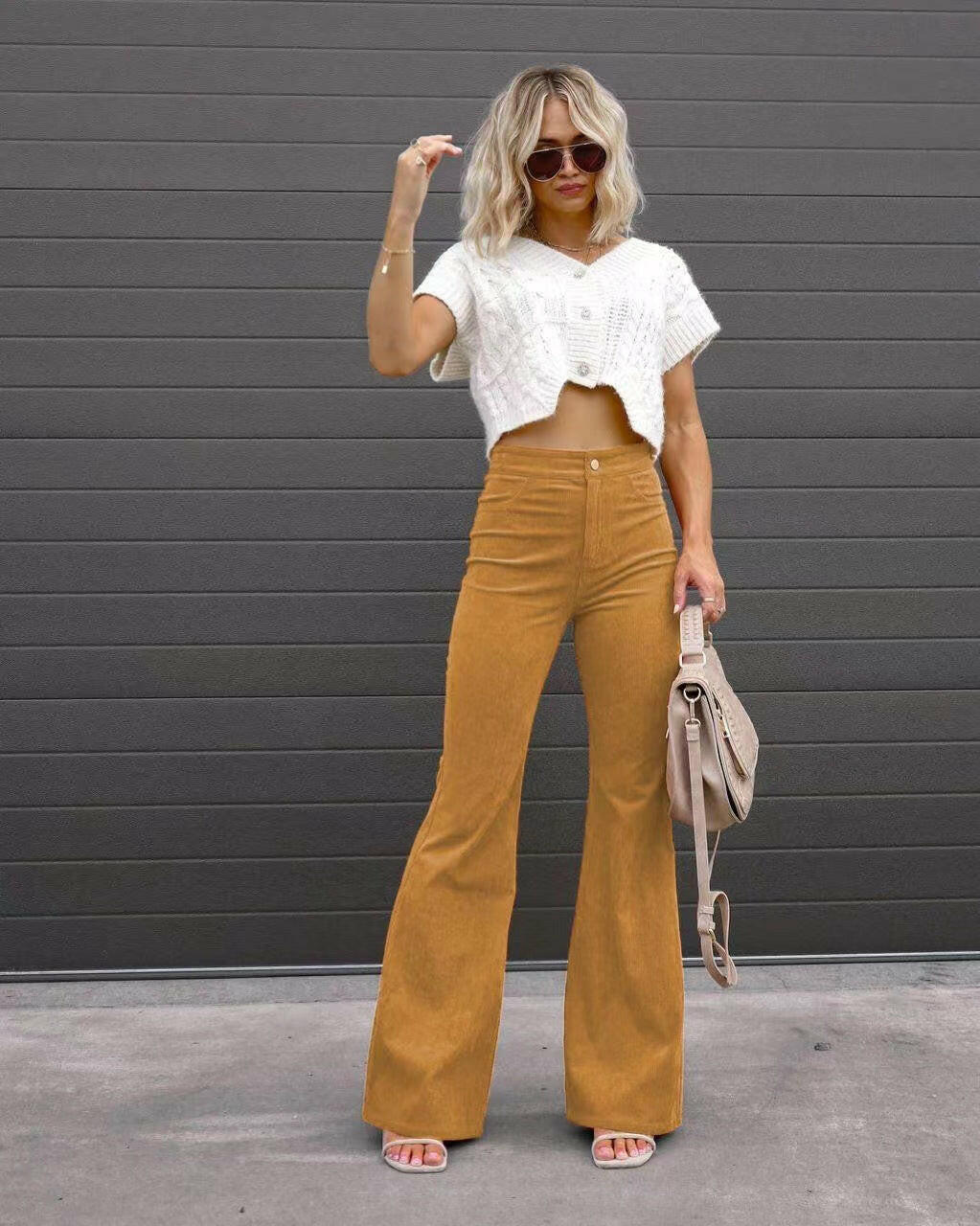 Solid Color Mid-waist Slim-fit Micro Flared Pants Corduroy.