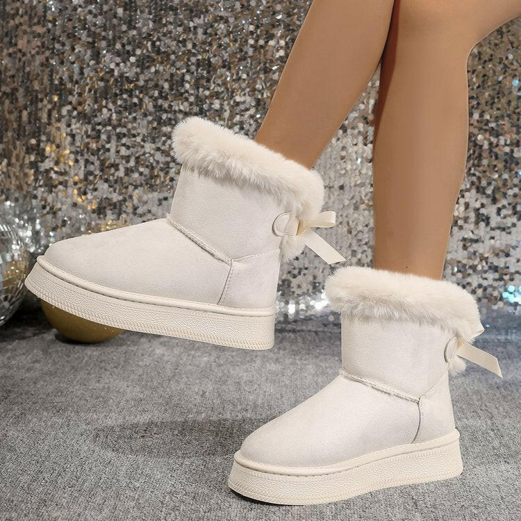 Winter Snow Boots With Bowknot Fashion Round Toe Flat Thickened Suede Cotton Shoes For Women Casual Warm Plush Short Boot Kashur Mart .