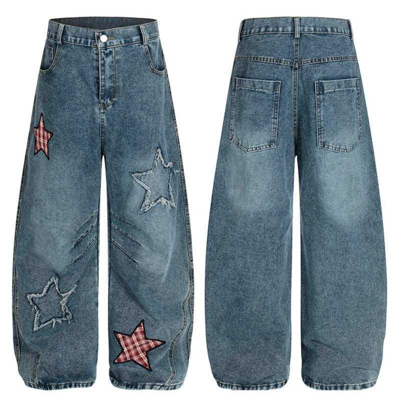 Star sticker washed cat whisker curved knife jeans