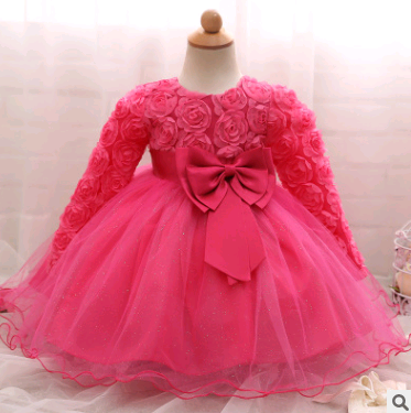 Long-sleeved girls dress rose children's wedding dress skirt.