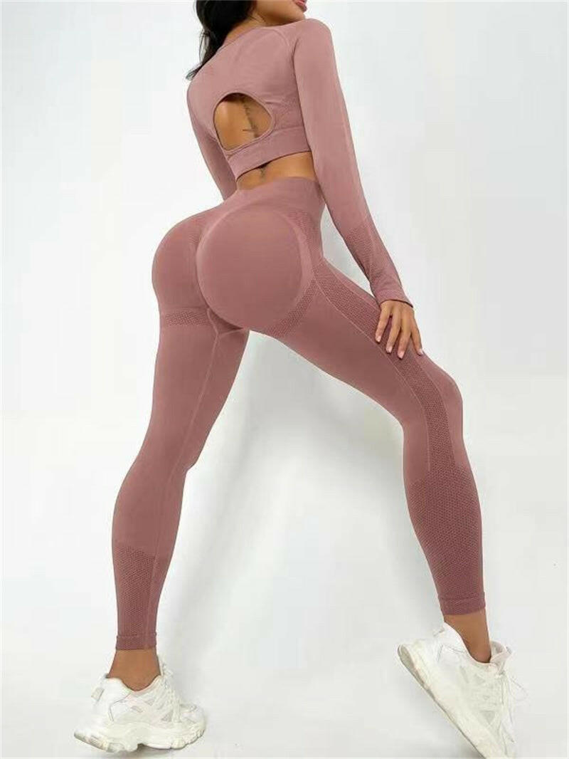 2pcs Sports Suits Long Sleeve Hollow Design Tops And Butt Lifting High Waist Seamless Fitness Leggings Sports Gym Sportswear Outfits Clothing.