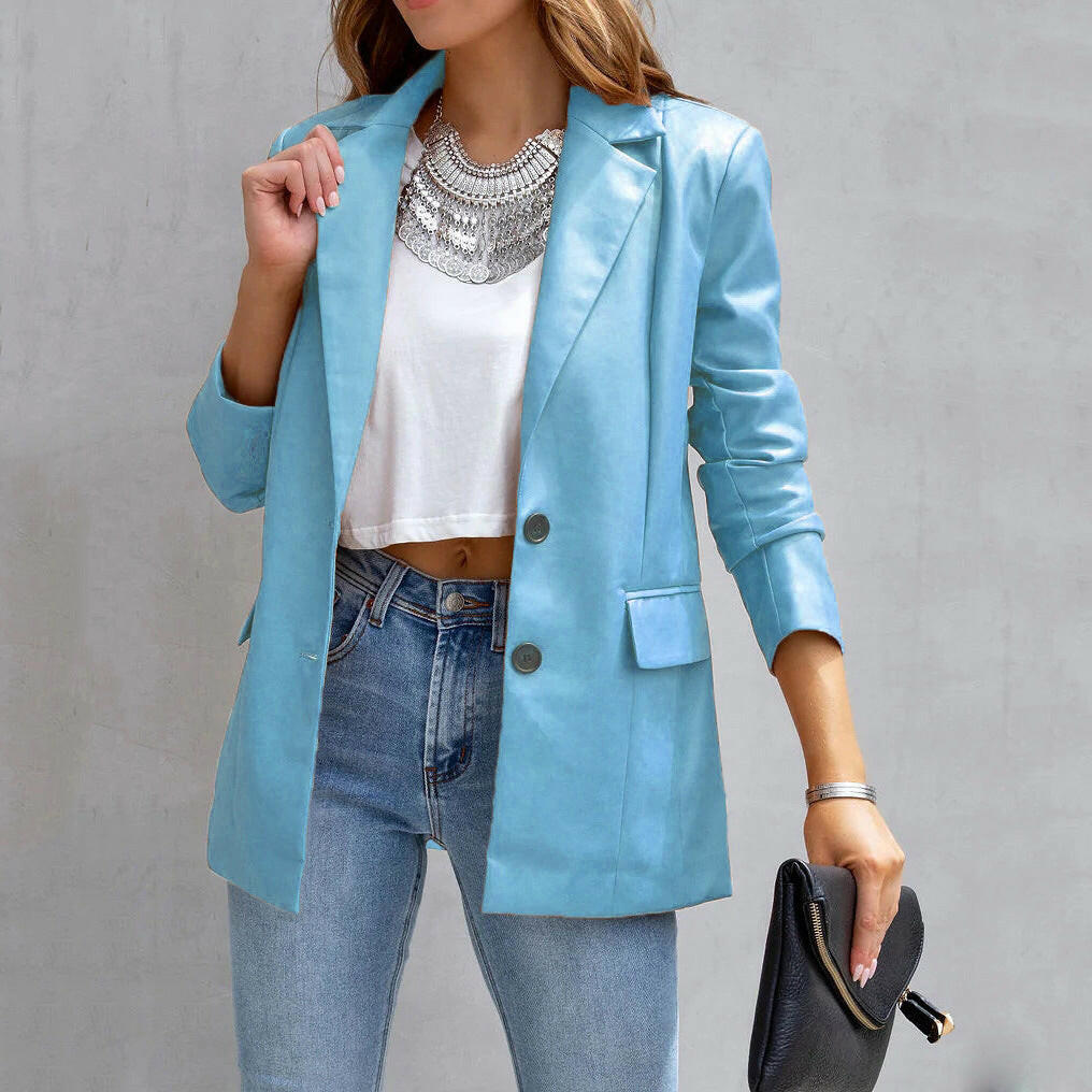Long Sleeve Button Pu Cardigan Coat For Women.