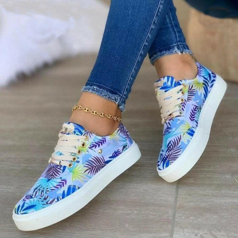 Canvas Shoes For Women Lace-Up Flats Leaves Print Casual Sneakers Round Toe Shoes.