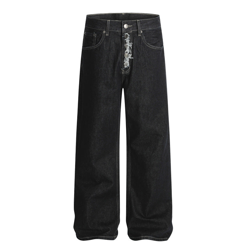 Street Style Original Denim Color Distressed Snap Button Design Clean Fit Loose Straight Leg Long Pants