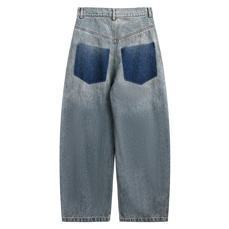 Denim Pants with Studs and Buttons Loose Fit Long Trousers for Men and Women
