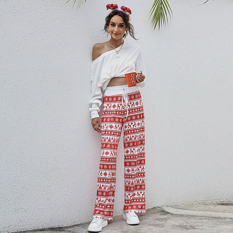 Christmas Print Pants Women Fashion Casual Drawstring Trousers With Christmas Snowflake Tree Elk Print.